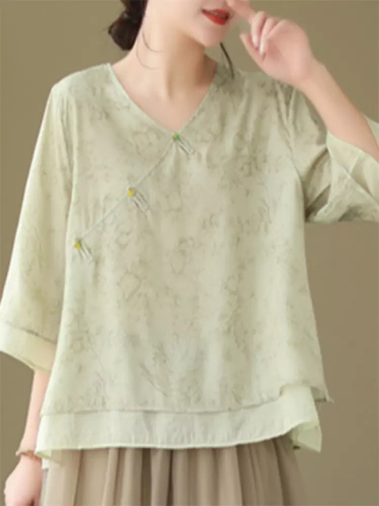 New Chinese Style Cotton Linen V-Neck Shirt with Oblique Placket & Knot Buttons