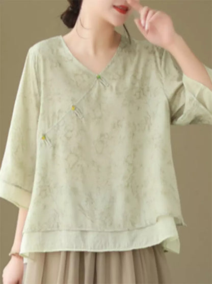 Neues chinesisches Baumwoll-Leinen-Hemd mit V-Ausschnitt, schräger Knopfleiste und Knotenknöpfen