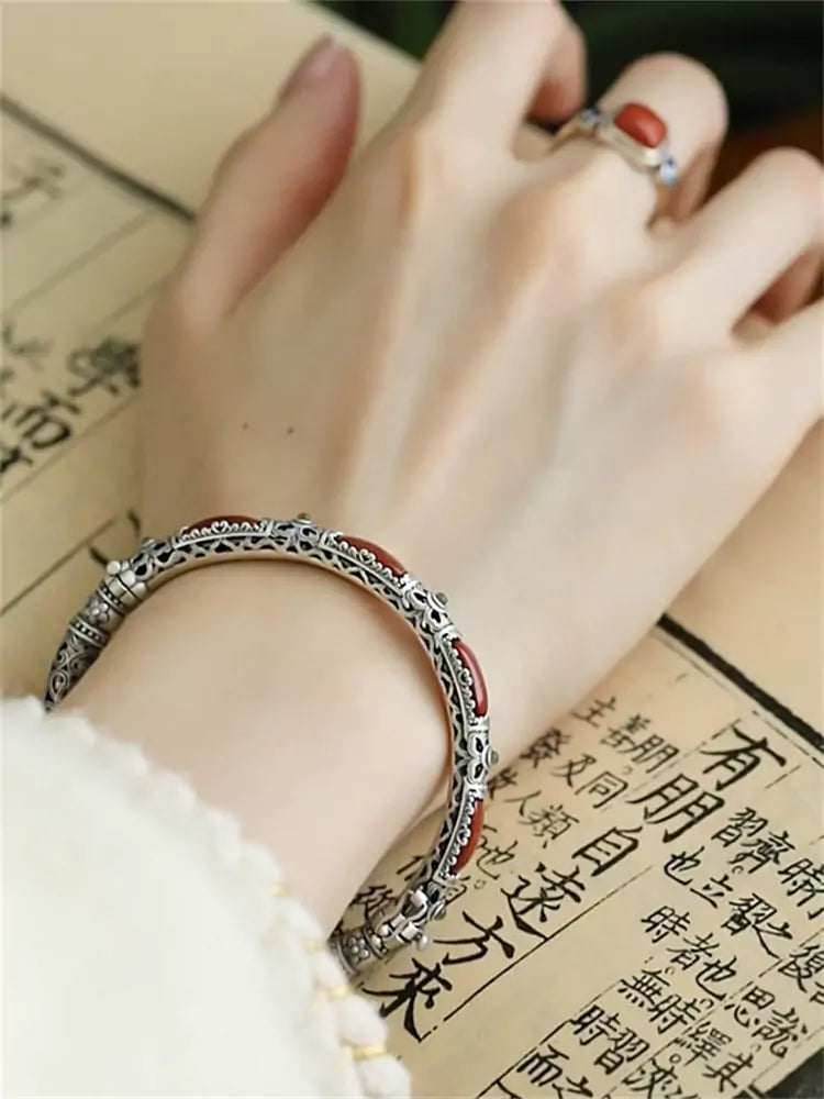 Chinese-Inspired Sterling Silver Bracelet Bangle with South Red Agate and Openwork