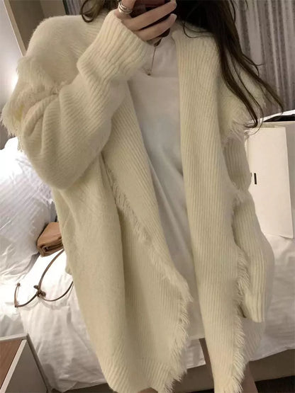 Cárdigan de punto extragrande con flecos y solapa grande de moda