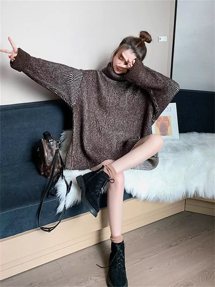 Trendy Oversized Turtleneck Knit Sweater for Women