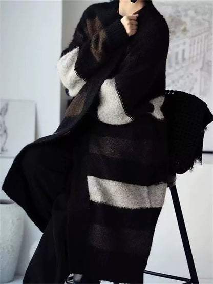 Cárdigan holgado de punto grueso a rayas con bloques de color, largo medio y corte holgado para mujer