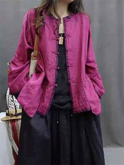 Schicke, locker geschnittene Leinenbluse im chinesischen Stil, rosa, Rundhalsausschnitt, lockere Passform