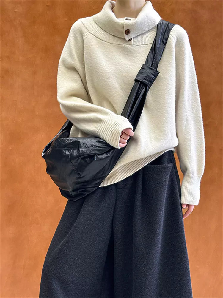 Weißer, einfarbiger Strickpullover im koreanischen Stil mit Kragen und Design
