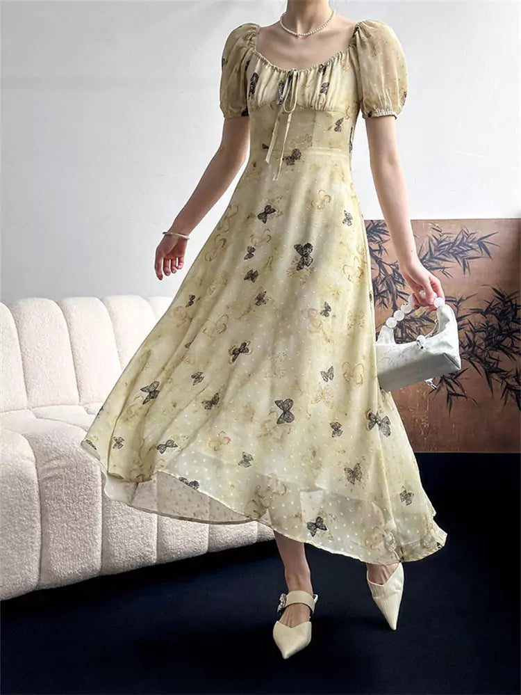 Vintage Print Elegant Slim Fit Midi Dress