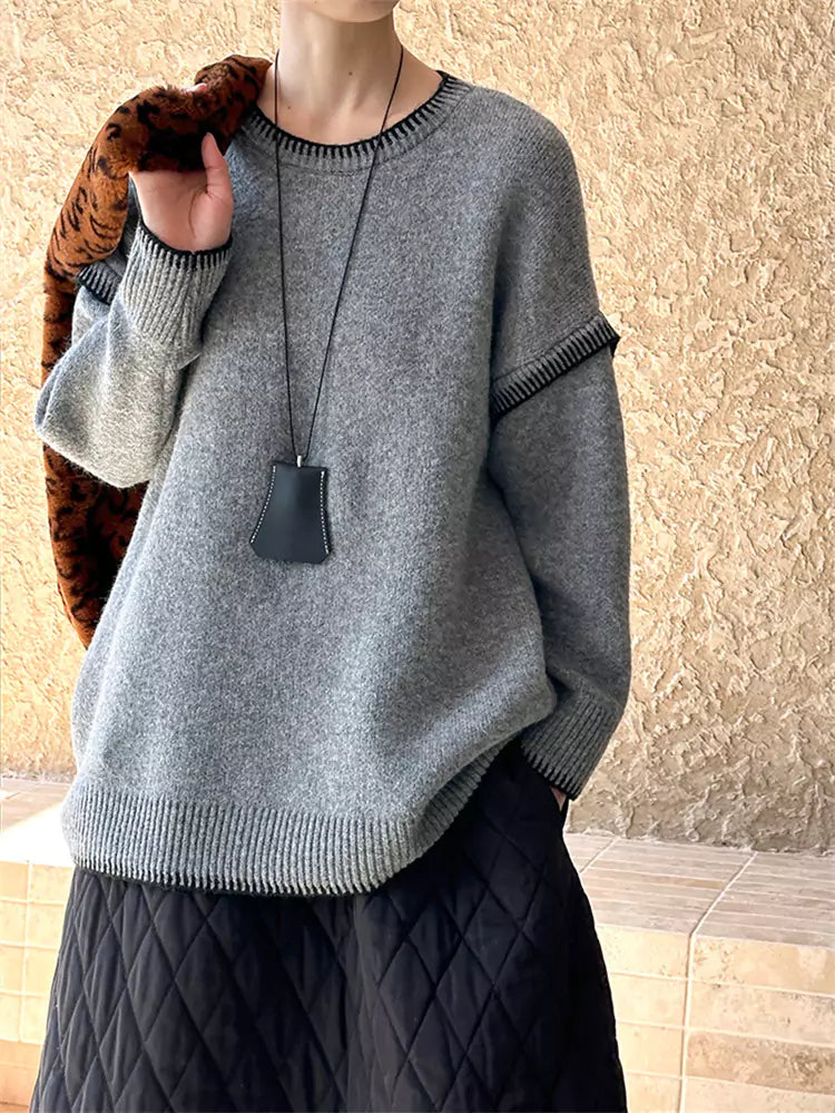 Koreanischer minimalistischer, handgenähter Strickpullover mit Rundhalsausschnitt