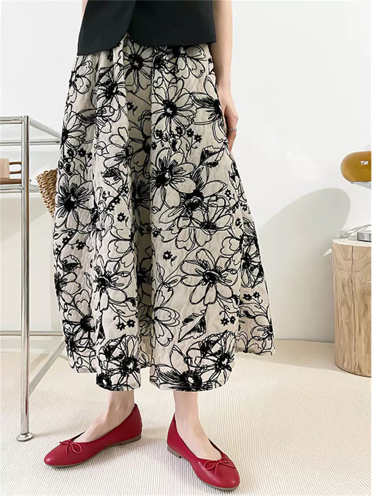 Falda midi francesa vintage artesanal de talle alto con flocado y corte A