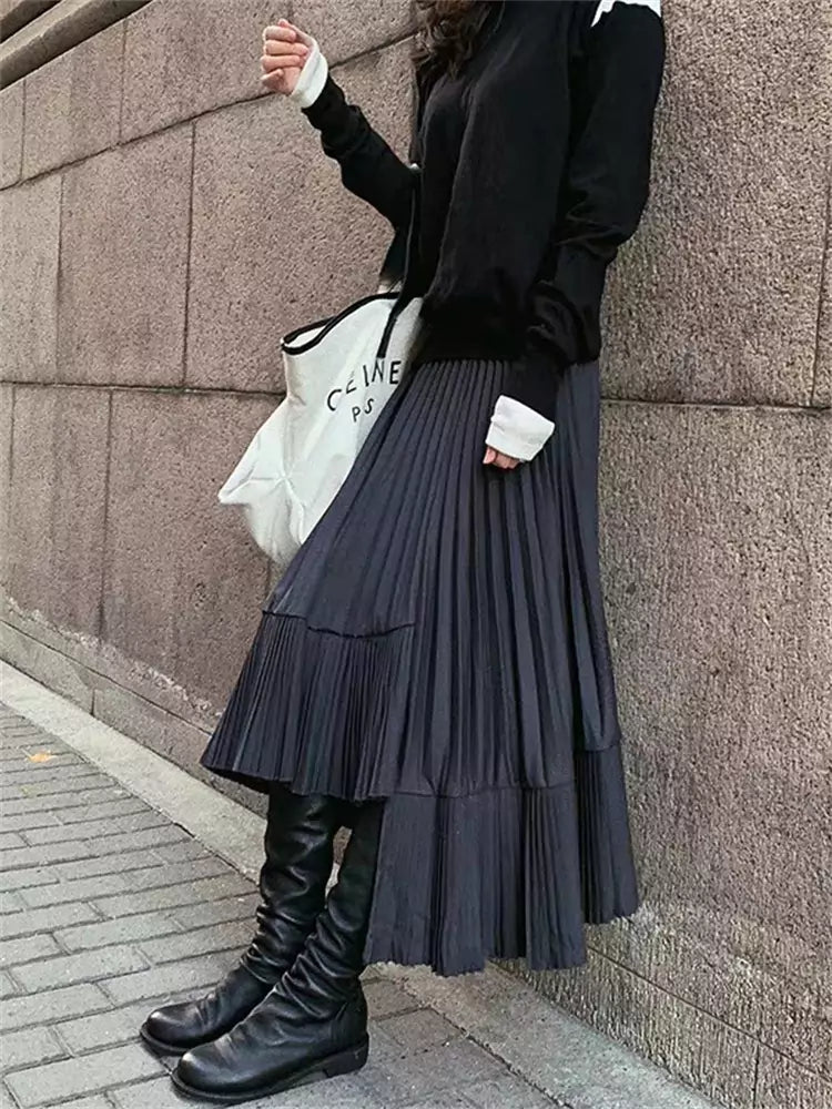 High-Waist Black Pleated Midi Skirt with Irregular Fishtail Hem