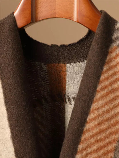 Chal de lana a cuadros con bloques de color de alta gama y borlas