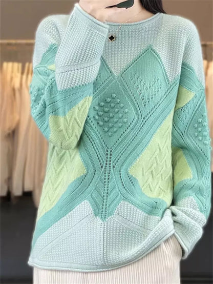Suéter de cachemira con cuello redondo y bloques de color verde de lujo para mujer