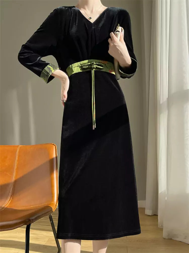 High-Waisted Black Velvet Maxi Dress with Oriental Design