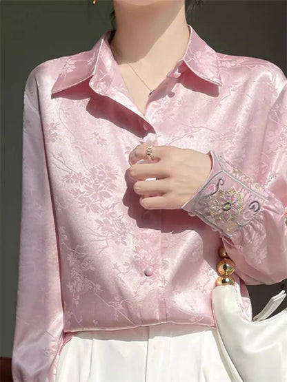 Vintage schwarze Bluse aus orientalischem Jacquard-Stoff mit Acetat-Satin-Finish