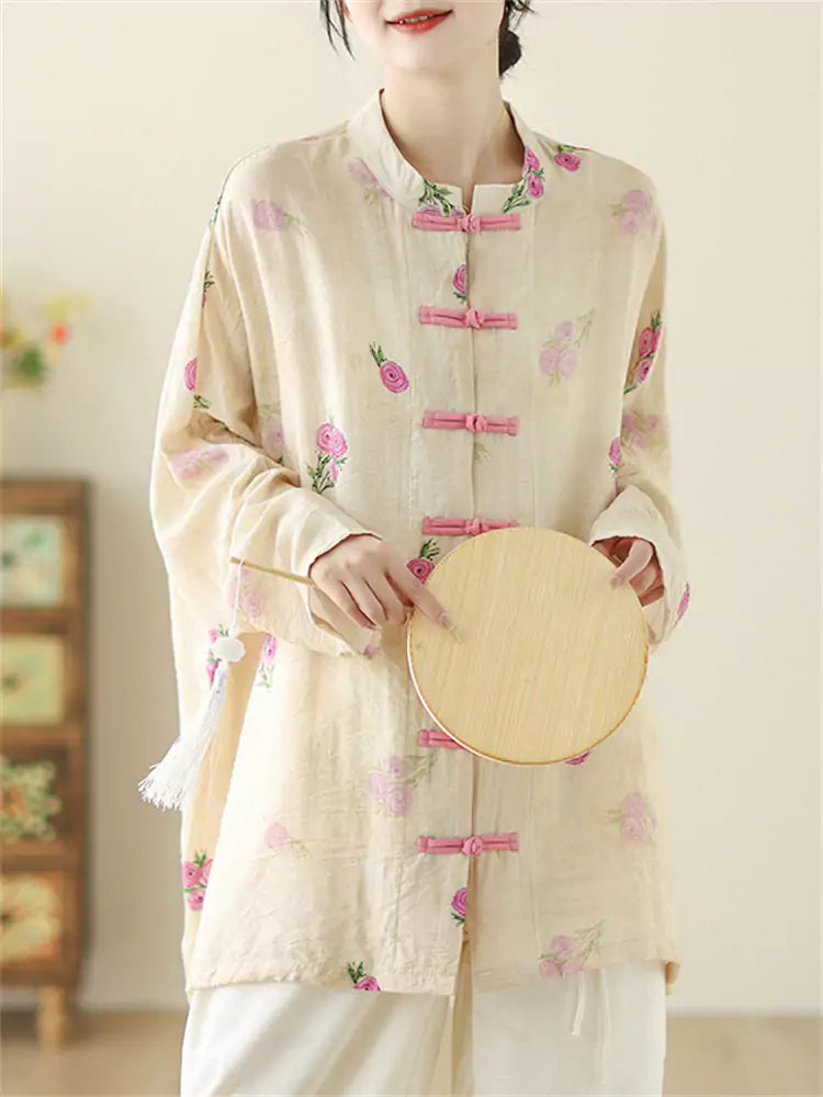 Oriental Style Loose Linen Blouse with Stand Collar and Frog Buttons