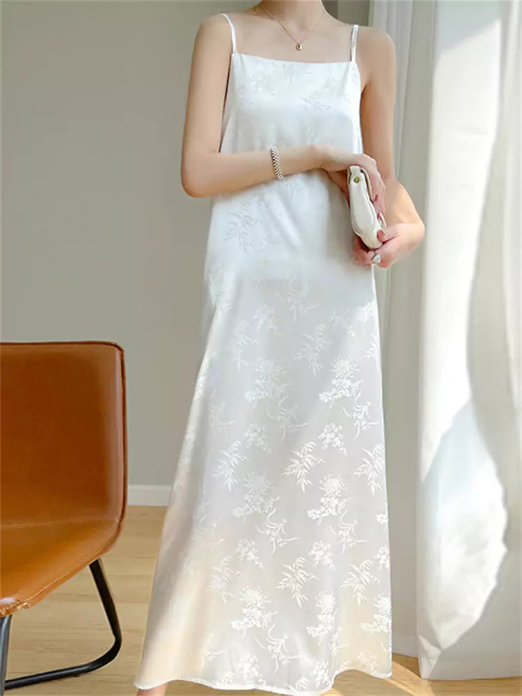 High-End White Satin Blend Jacquard Strap Maxi Dress with French Design