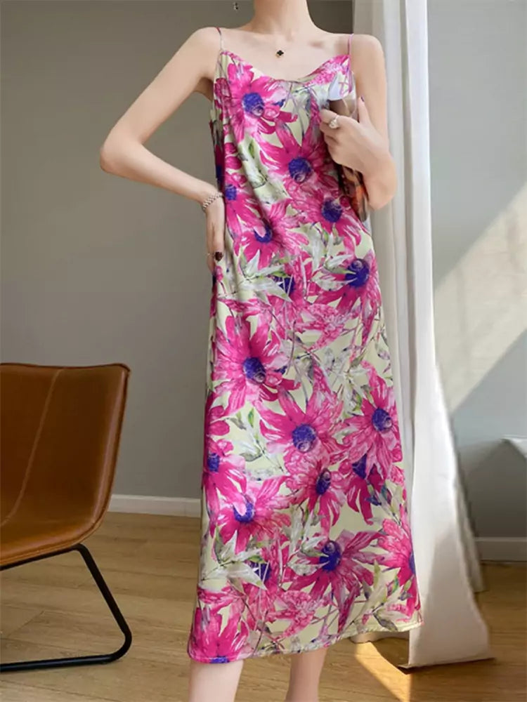 Elegant French-Inspired Silk Strap Midi Dress with Ink Wash Design