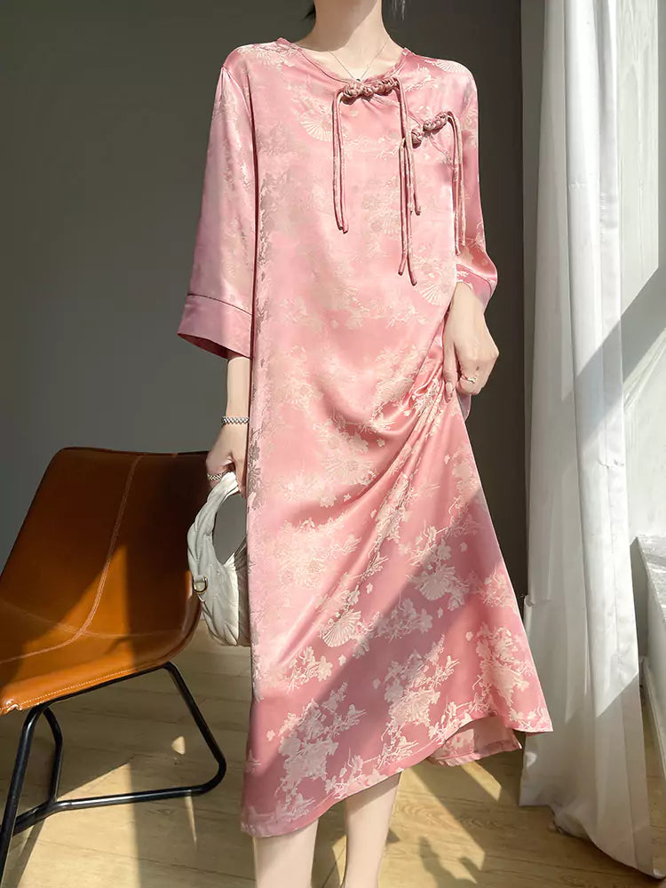Elegant Black Round Neck Midi Dress with Oriental Jacquard and Wide Sleeves