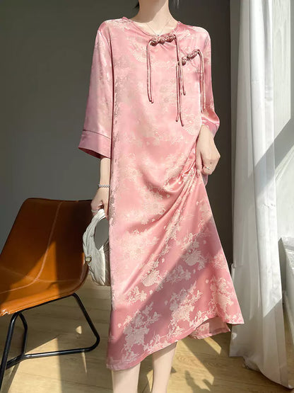 Elegant Black Round Neck Midi Dress with Oriental Jacquard and Wide Sleeves