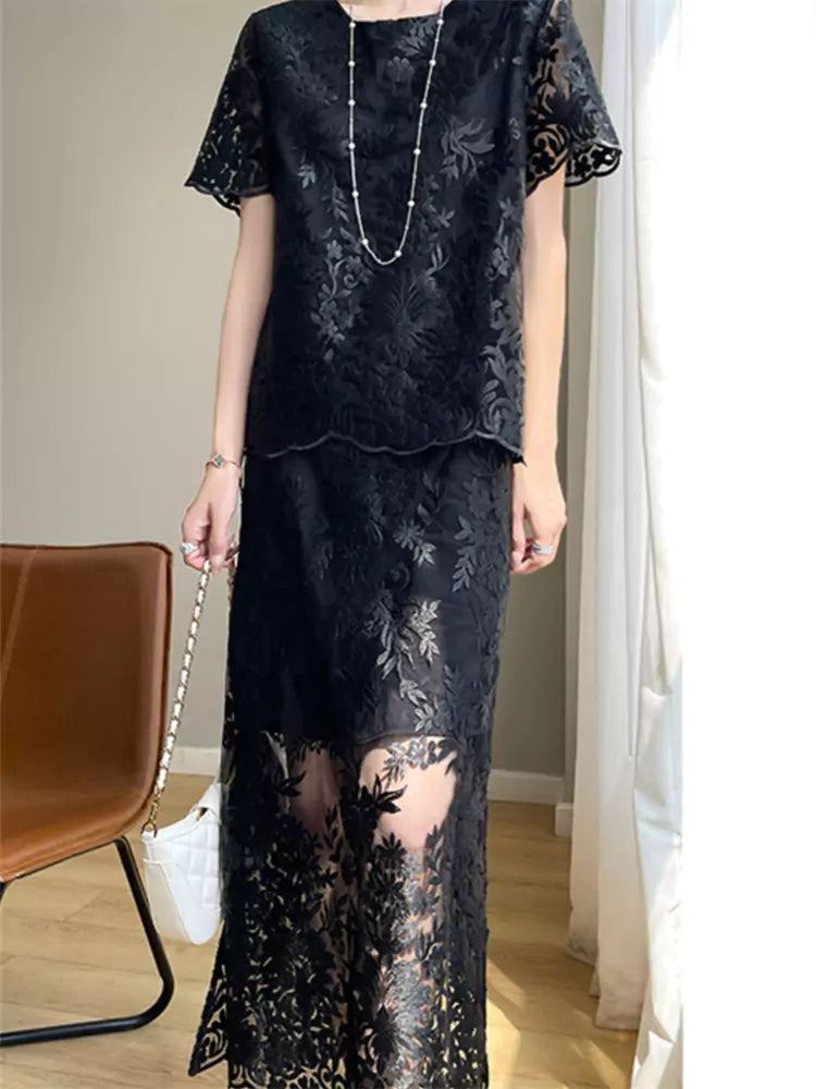 French Luxury Black Lace Two-Piece Set with Short Sleeve Crochet Tee and Skirt