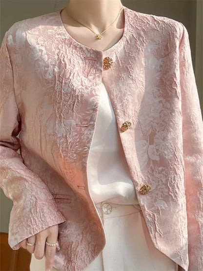 Elegante aprikosenfarbene Jacquard-Jacke mit Rundhalsausschnitt und orientalischem Design