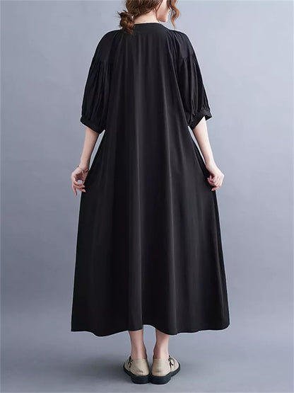 Black Loose Fit Ethnic Style Maxi Dress with Embroidery and Tie Details