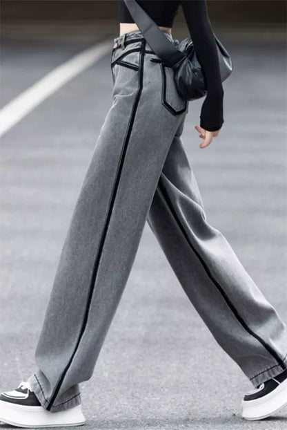 Fashionable Smoke Grey Side Stripe Straight Leg Jeans for Women