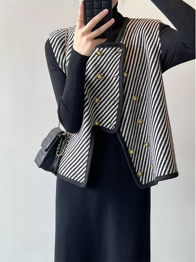 Spring Casual Chic Striped Knit Vest with Asymmetrical Hem