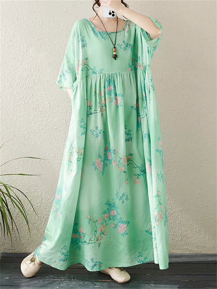 Bohemian Vacation Style Cotton Linen Maxi Dress Short Sleeve