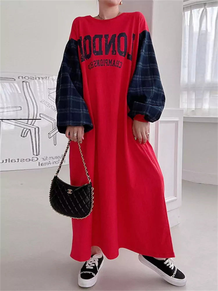 Women's Round Neck Letter Print Patchwork Plaid Lantern Sleeve Dress