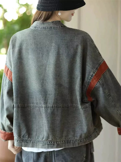 Retro-Patchwork-Jeansjacke aus gewaschenem Denim