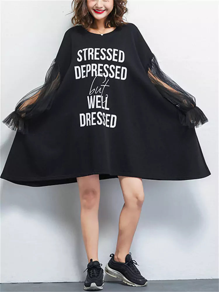 Oversized Letter Print Mesh Lantern Sleeve Midi Dress