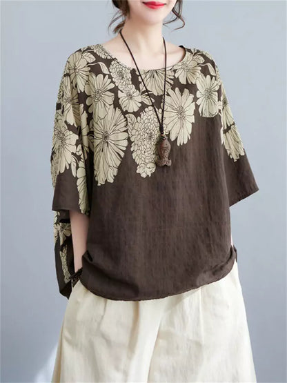 Linen Blend Ethnic Style Floral Print Batwing Sleeve Crew Neck T-Shirt