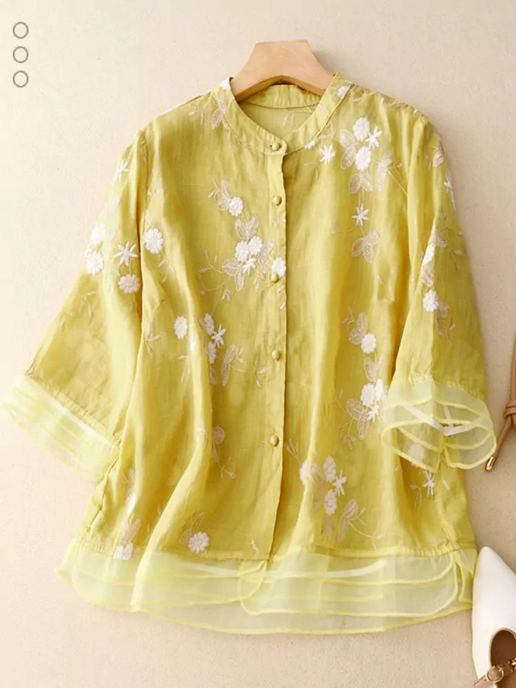 High-End Green Linen Embroidered Shirt for Women – Loose-Fit Stylish Top with Unique Patchwork Design