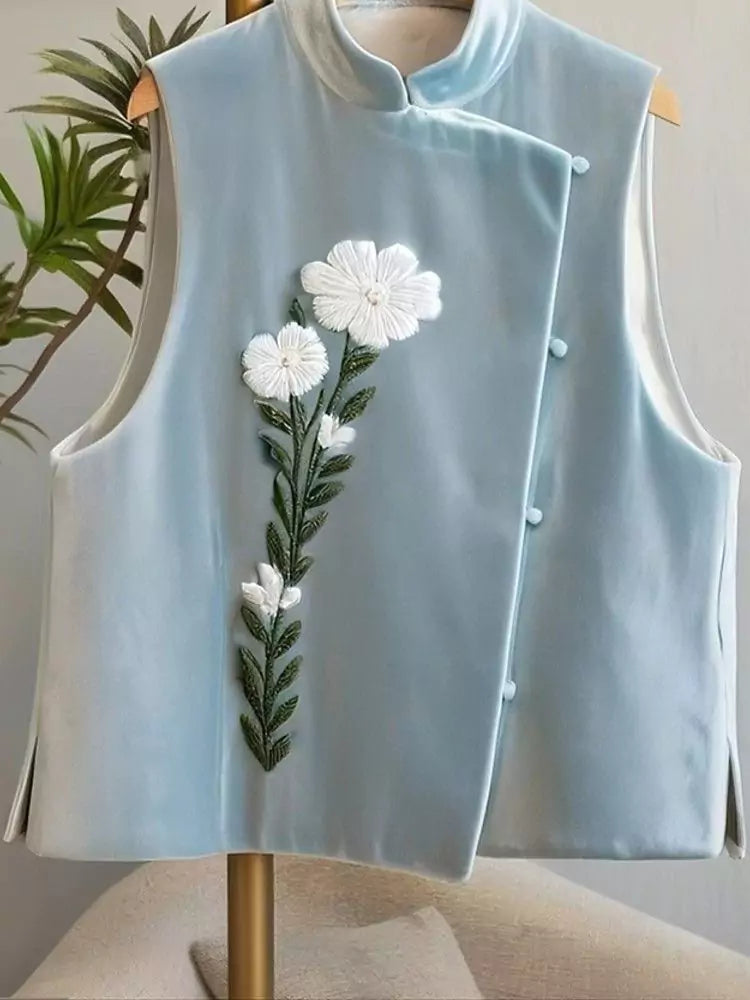 Elegant Blue Velvet Vest Top for Women – New Chinese Style with Exquisite Embroidery for Fall & Winter