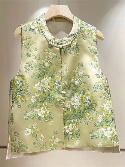 Luxury Jacquard Vest for Women – Vintage Chinese Style Waistcoat with Frog Buttons for Spring & Autumn