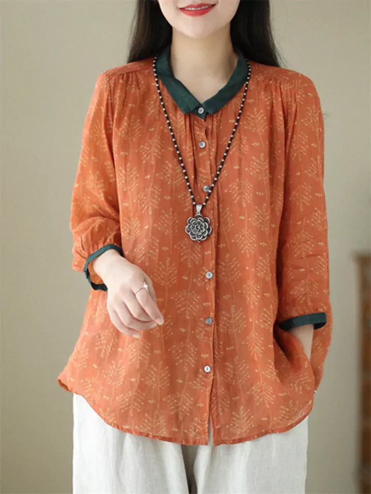 Floral Cotton-Linen Loose-Fit 3/4 Sleeve Shirt for Women