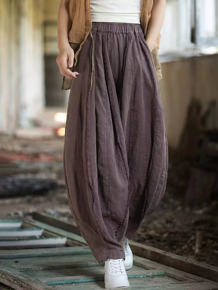 Vintage High-Waisted Wide-Leg Lantern Pants – Washed Ramie Loose Fit with Raw Hem and Flowing Silhouette
