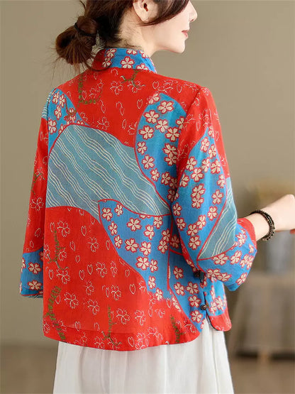 Vintage-Teebluse im chinesischen Stil mit Ramie-Print, Stehkragen und asymmetrischem Verschluss