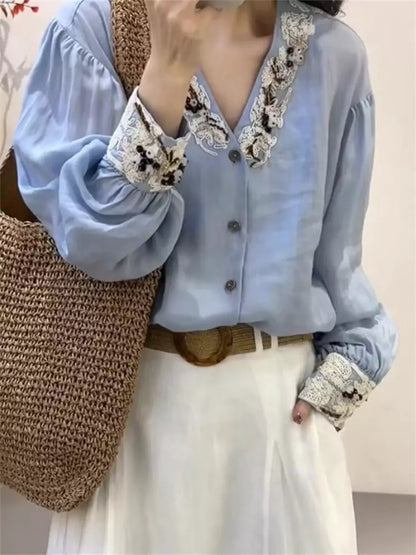 Vintage-Damenbluse im französischen Stil mit Stickerei, langärmlig, blau