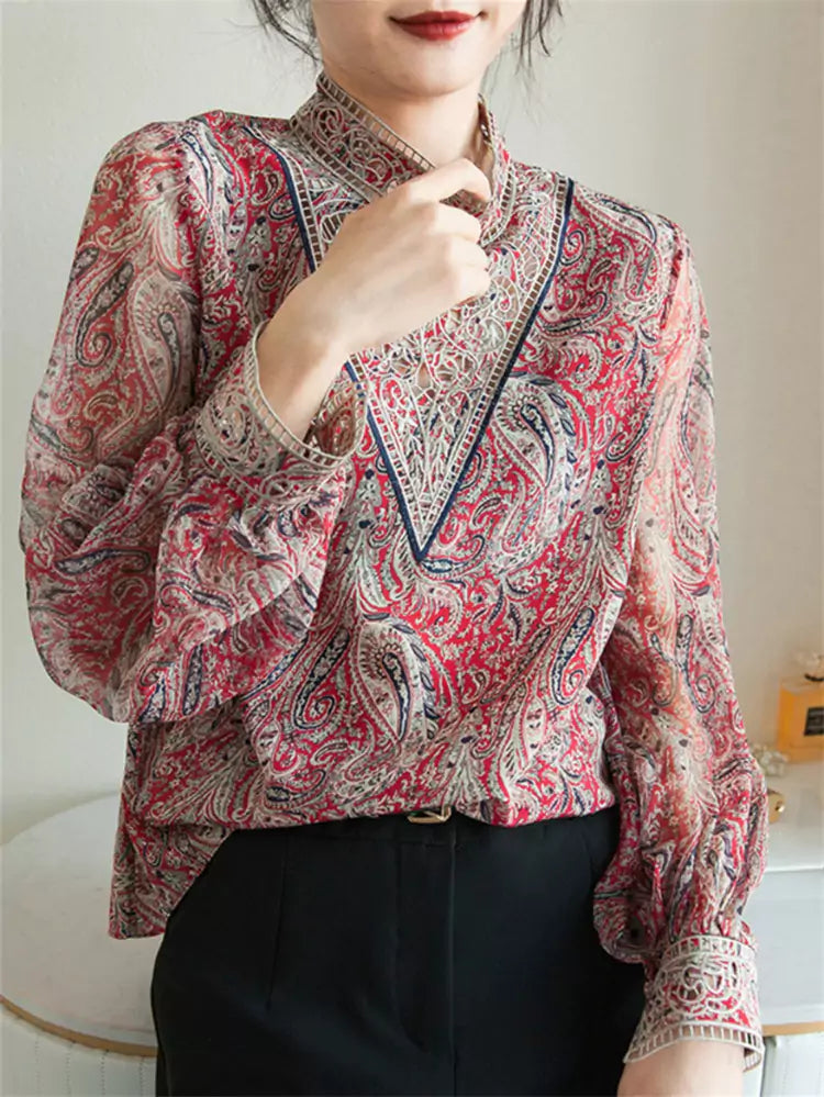 Trendy Print Chiffon Blouse for Women – Lantern Sleeve Top with Delicate Embroidery