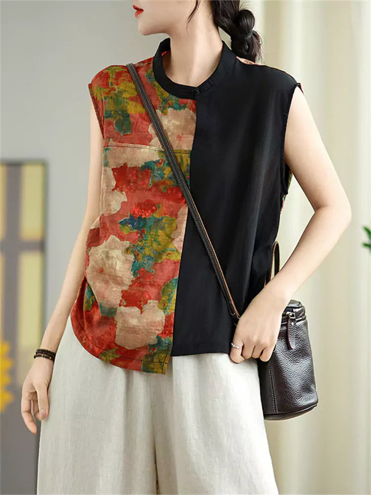 Vintage Patchwork Linen Tank Top for Women with Artistic Floral Print and Breathable Design