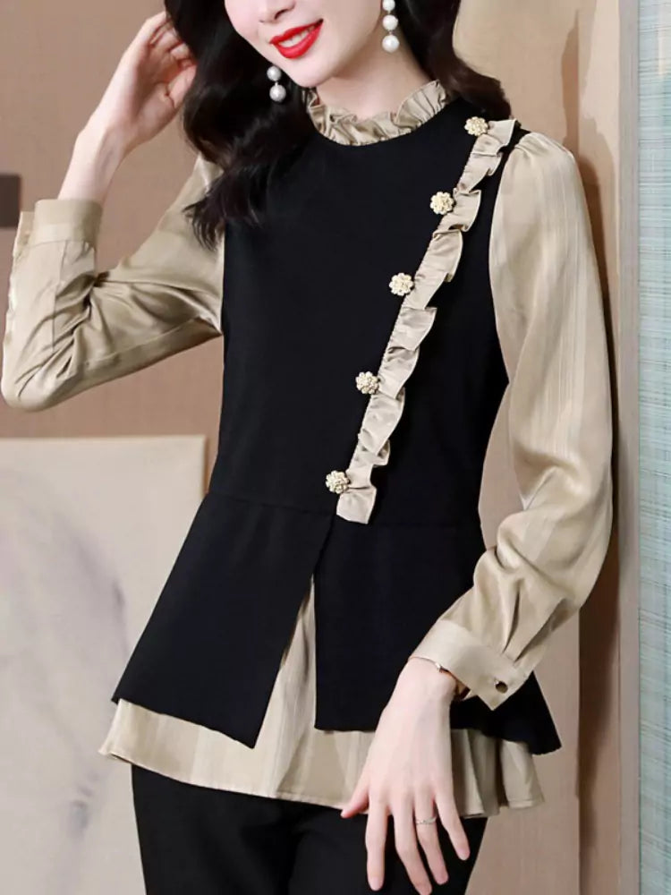 Camisa de dos piezas con cuello alto y volantes estilo francés para mujer.