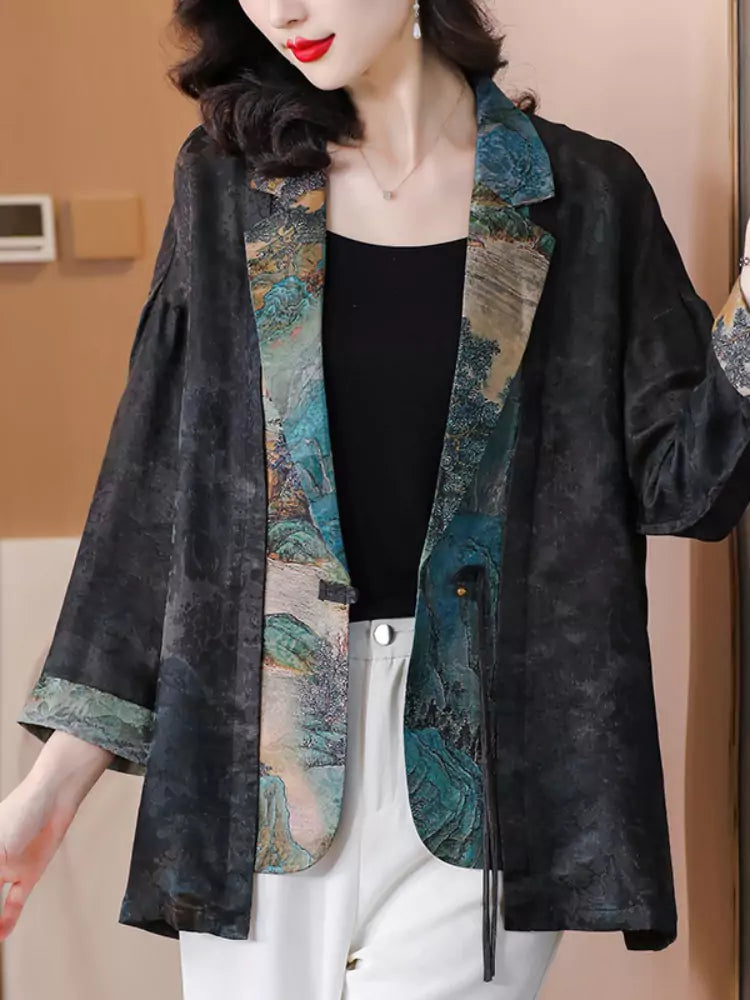 Stylish Spring Autumn Floral Vintage Loose-Fit Jacket for Women