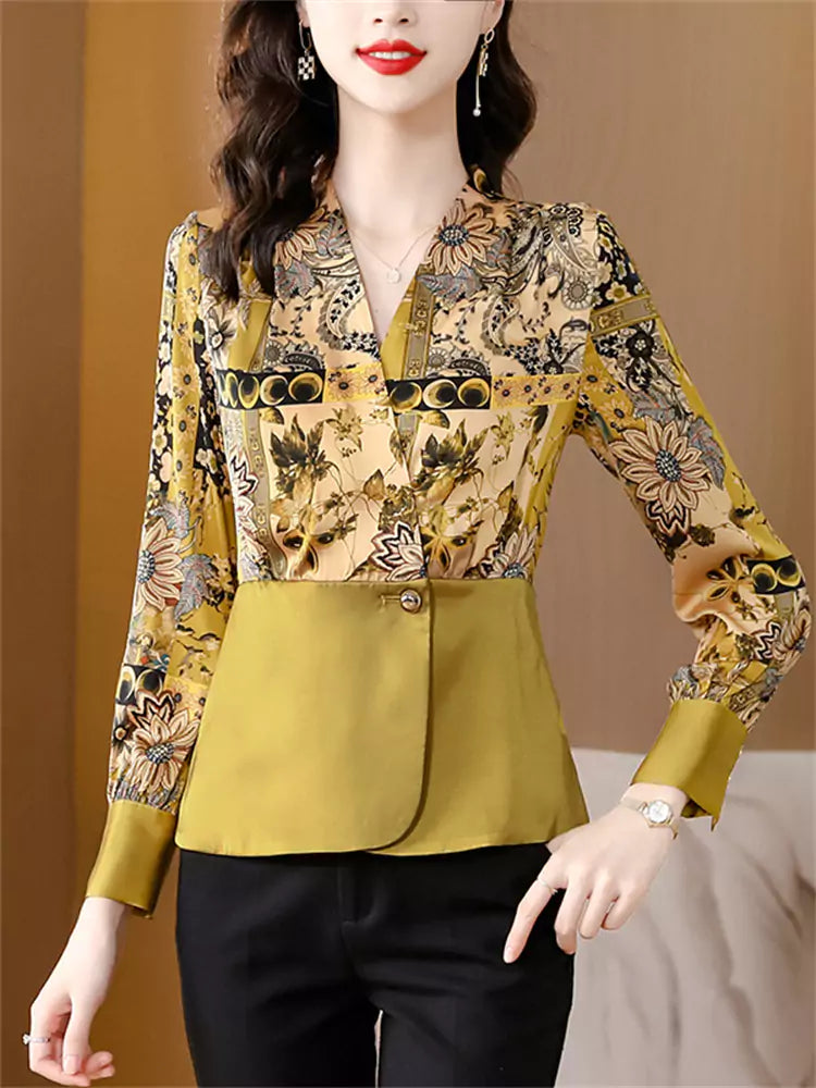 Elegante blusa de satén floral de manga larga con cintura ceñida para mujer con cuello blazer