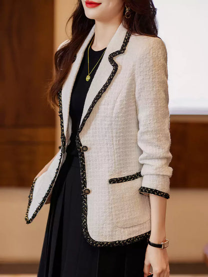 Eleganter schwarzer Tweedblazer für Damen, ideal für zierliche Frauen, Frühling/Herbst