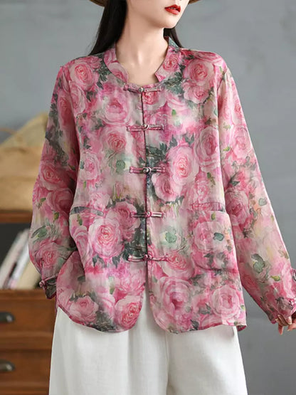 Leichte Ramie-Bluse im chinesischen Stil mit Blumenmuster, Stehkragen und Froschknöpfen