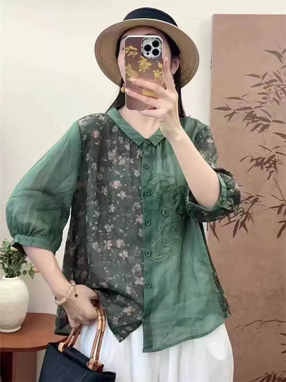 Bluse im chinesischen Stil aus Ramie mit Blumenmuster, locker geschnitten, 1/2 Ärmel, für Damen