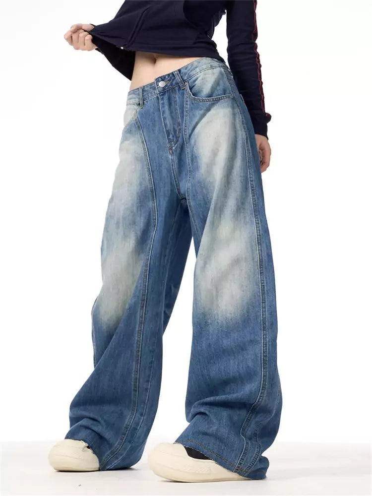 Vintage-Jeans mit gewaschenem, weitem Bein und Blitzmuster für Damen