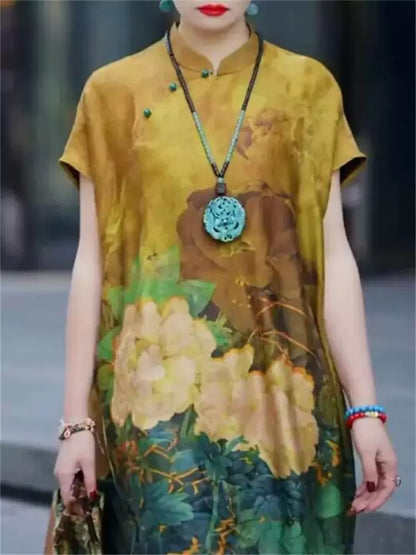 Luxuriöses, locker sitzendes Midikleid aus Maulbeerseide in großen Größen mit Blumenmuster