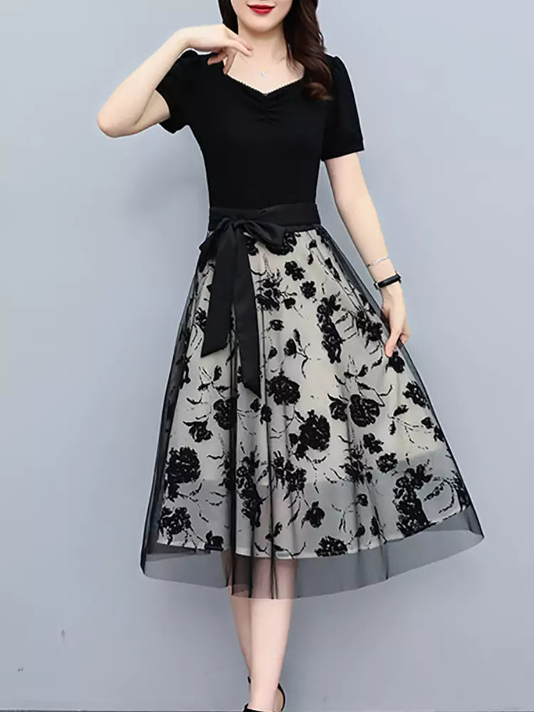 French Style Summer Floral Tie Waist Tulle Midi Dress