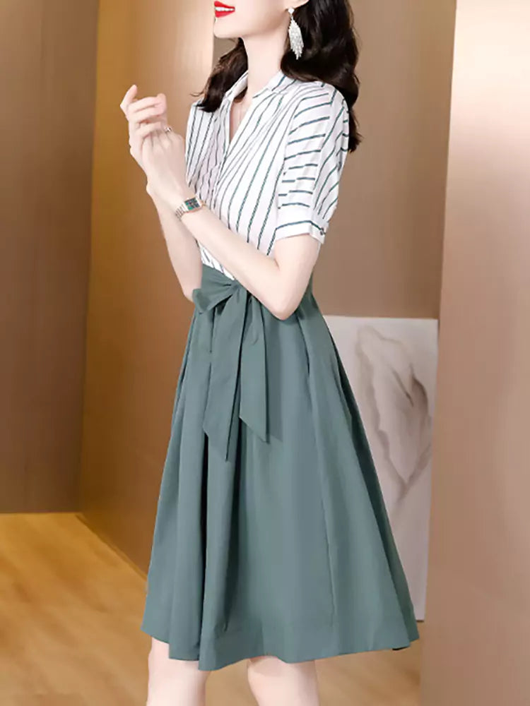 Stylish High-End Fake Two-Piece Midi Dress with Waist Slimming Design